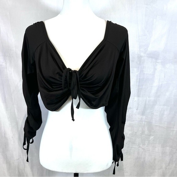 Elegant Moments long ruched tie sleeve sexy black crop top size XL - Picture 4 of 9